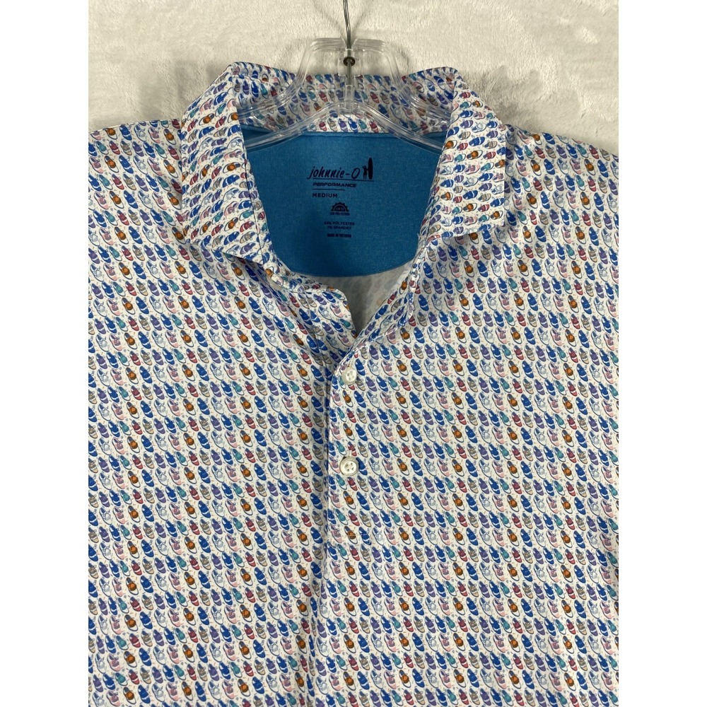 Johnnie-O Polo Shirt Top Sz M All Over Print Golf Short Sleeve Performance LOGO